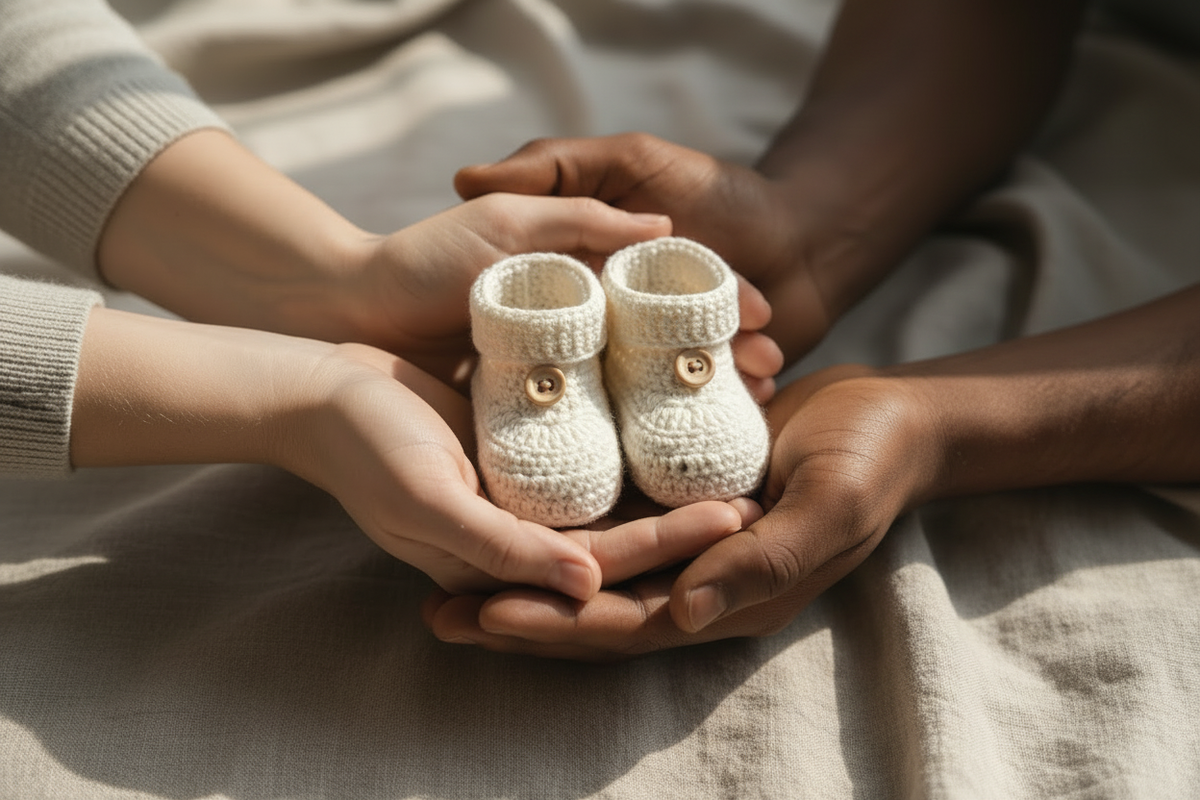 Two hands holding baby booties